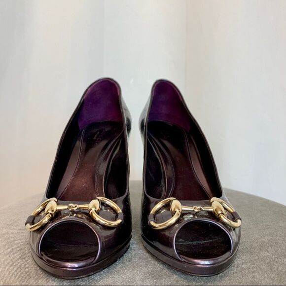 Gucci Purple Patent Leather Guccissima Horsebit Open Peep Toe Pump Heels Pump 38 - Picture 12 of 13